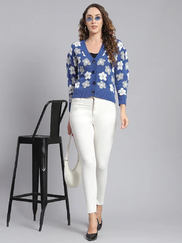 Women Blue Self Design V Neck Full Sleeve Cardigans