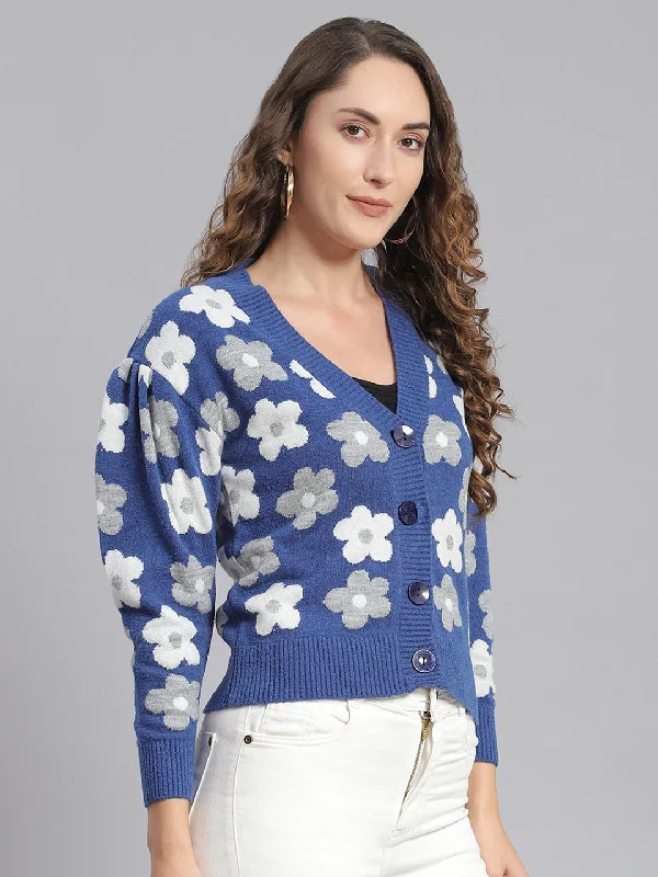 Women Blue Self Design V Neck Full Sleeve Cardigans