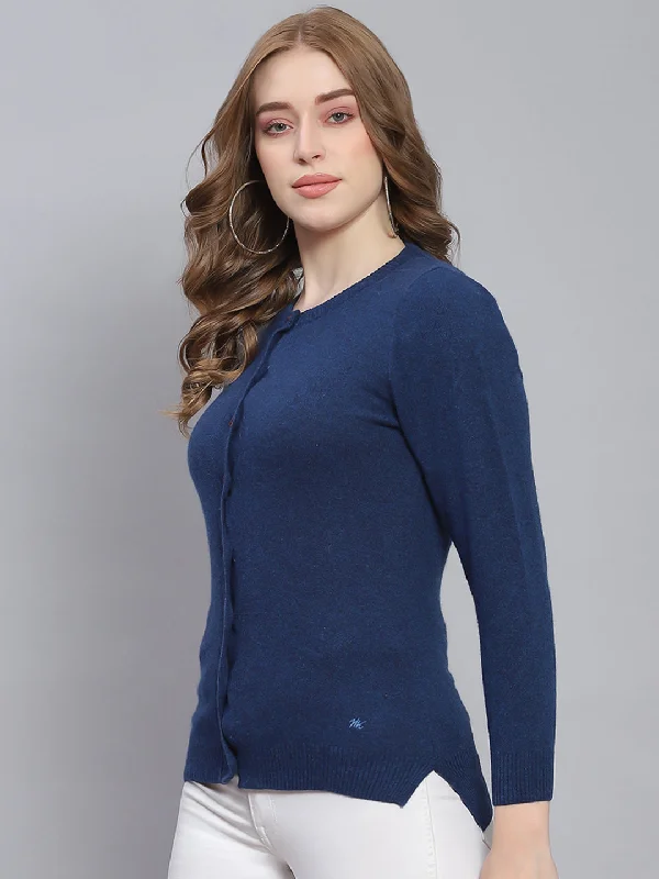 Women Blue Solid Round Neck Full Sleeve Cardigans