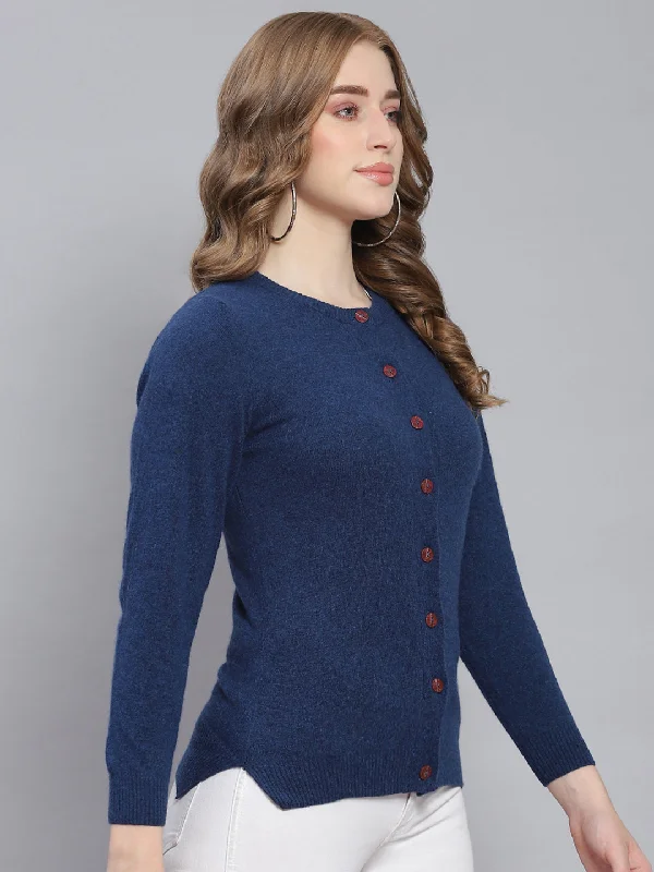 Women Blue Solid Round Neck Full Sleeve Cardigans