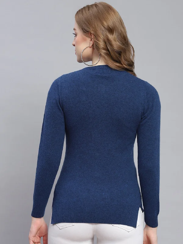 Women Blue Solid Round Neck Full Sleeve Cardigans