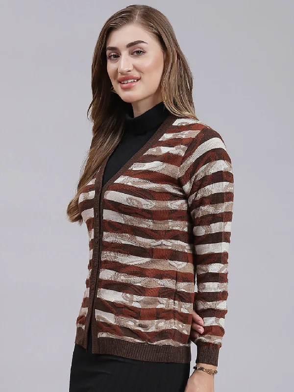 Women Brown Jaquard Wool blend Cardigan