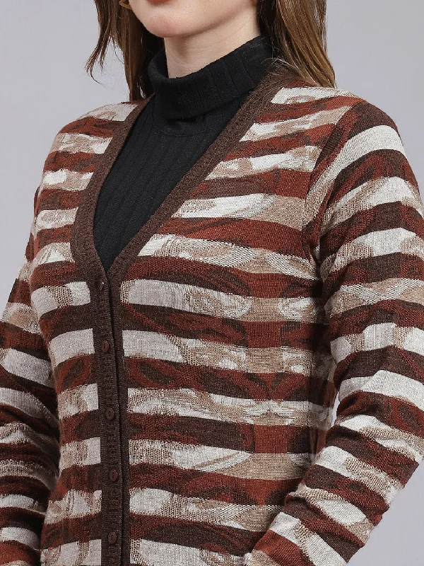 Women Brown Jaquard Wool blend Cardigan