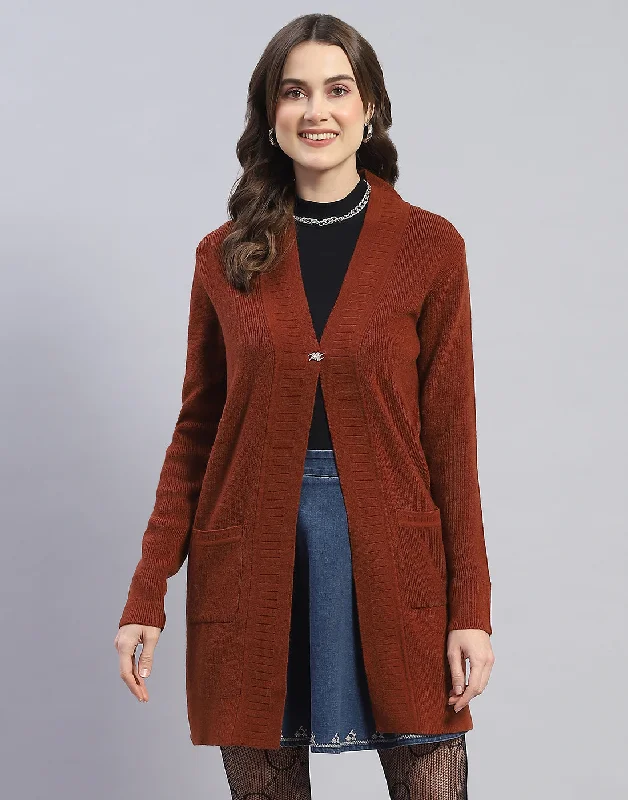 Women Brown Self Design V Neck Full Sleeve Cardigan