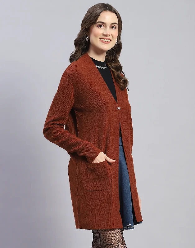 Women Brown Self Design V Neck Full Sleeve Cardigan