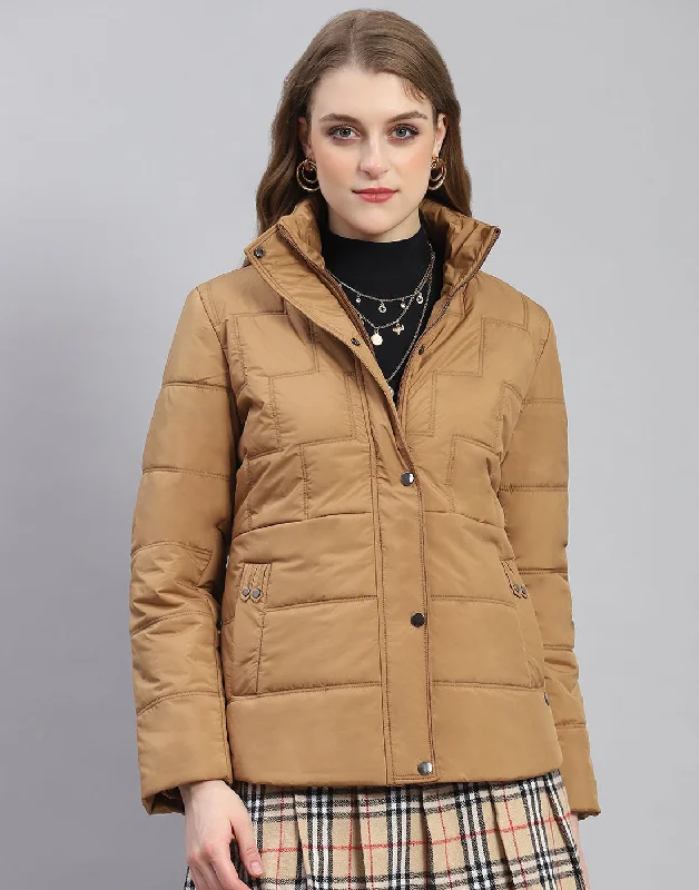 Women Brown Solid Stand Collar Full Sleeve Jacket