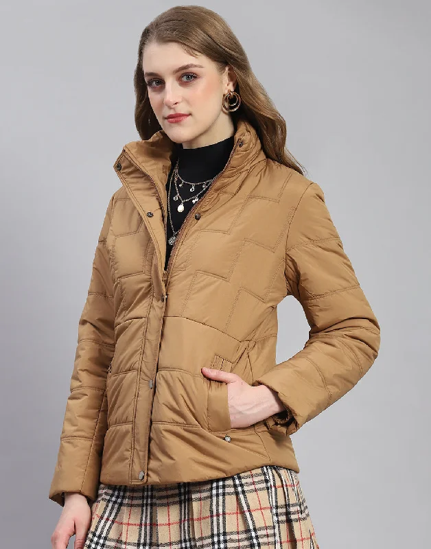 Women Brown Solid Stand Collar Full Sleeve Jacket