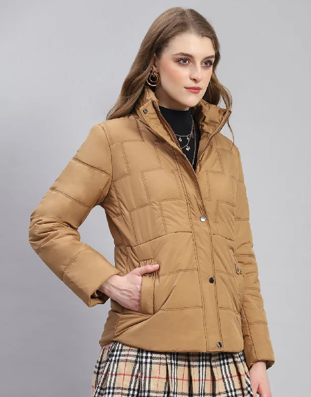 Women Brown Solid Stand Collar Full Sleeve Jacket