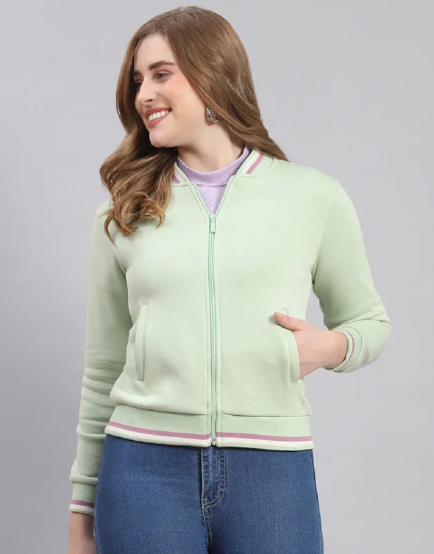 Women Green Solid Mandarin Collar Full Sleeve Sweatshirt