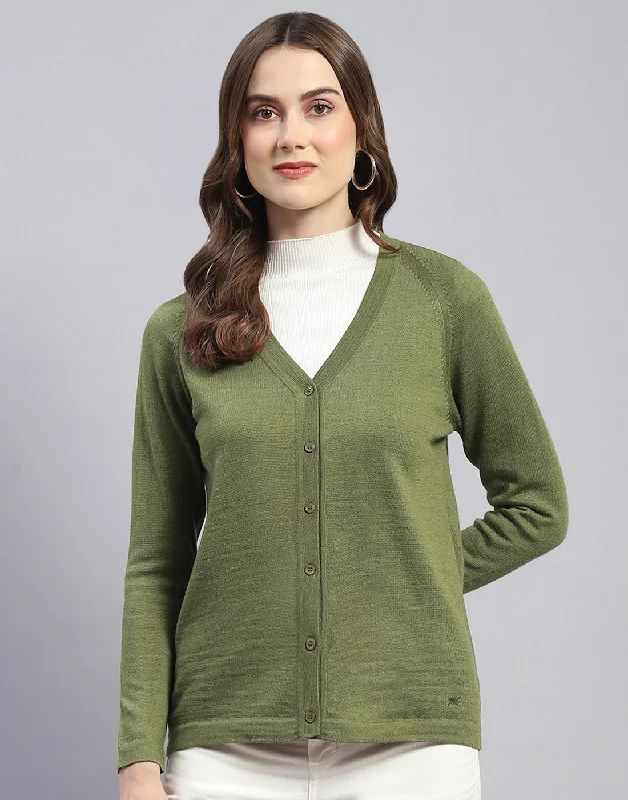 Women Green Solid V Neck Full Sleeve Cardigan