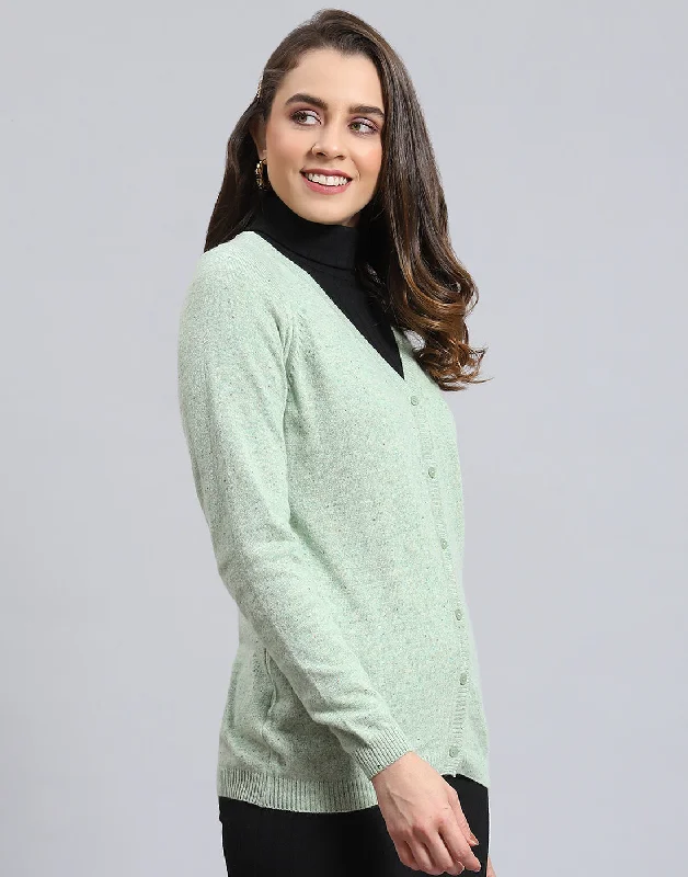 Women Green Solid V Neck Full Sleeve Cardigan