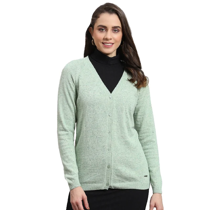 Women Green Solid V Neck Full Sleeve Cardigan