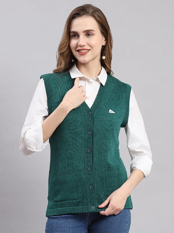 Women Green Solid V Neck Sleeveless Cardigans