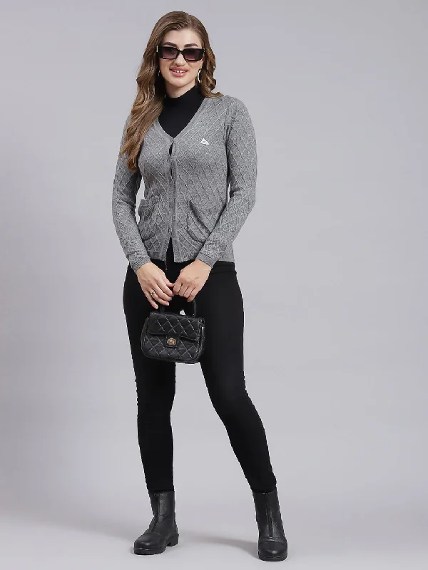 Women Grey Self Design Wool blend Cardigan