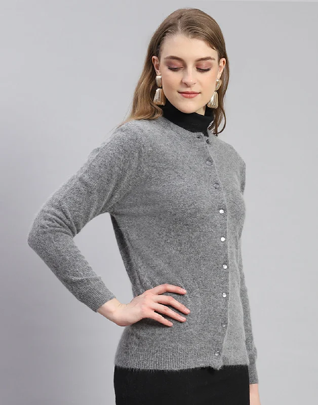 Women Grey Solid Round Neck Full Sleeve Cardigan