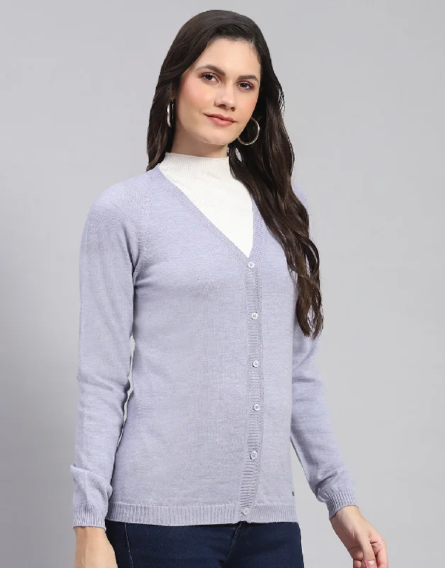 Women Grey Solid V Neck Full Sleeve Cardigan