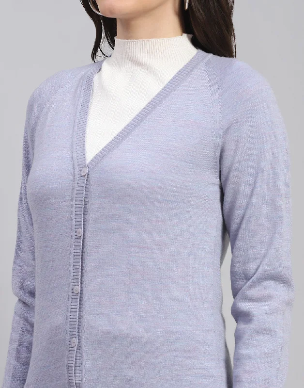 Women Grey Solid V Neck Full Sleeve Cardigan