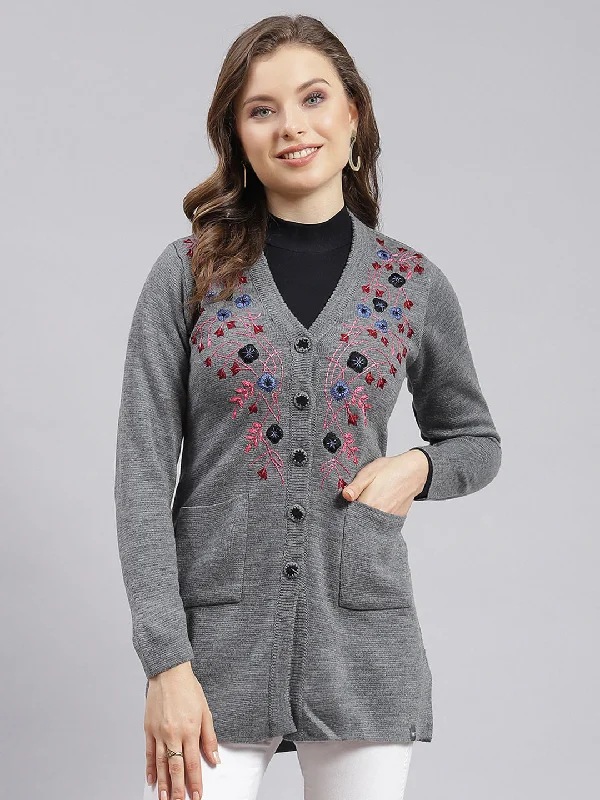 Women Grey Solid Wool blend Cardigan