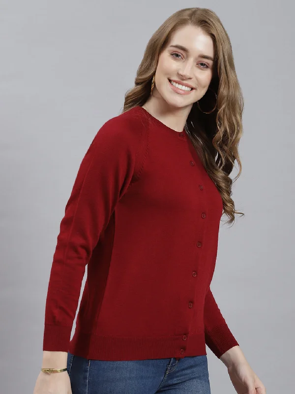 Women Maroon Solid Cardigan