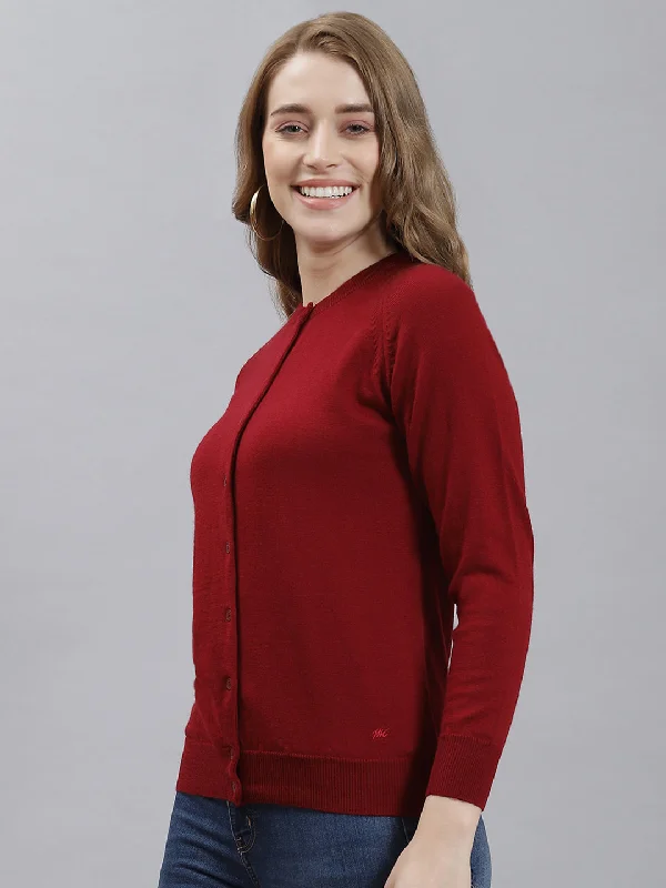 Women Maroon Solid Cardigan