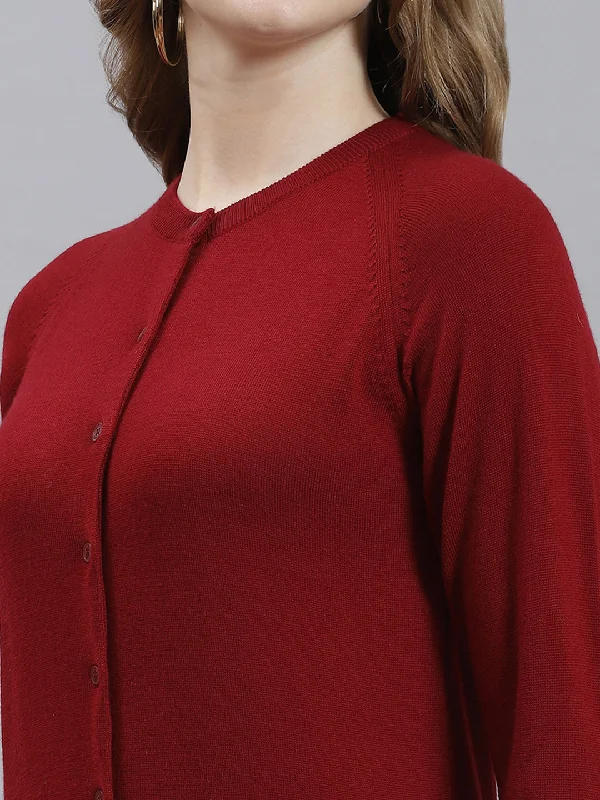 Women Maroon Solid Cardigan