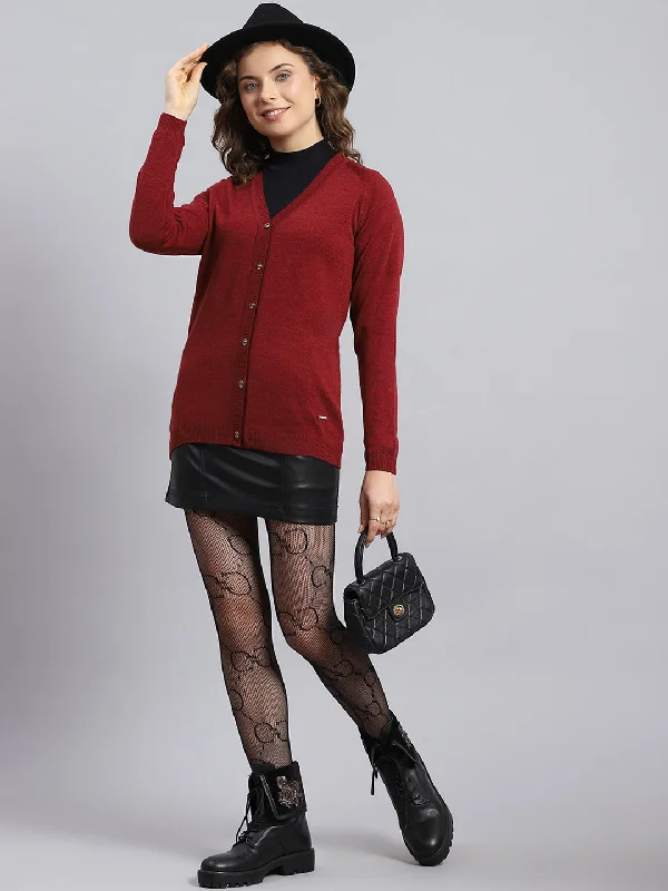 Women Maroon Solid V Neck Full Sleeve Cardigans