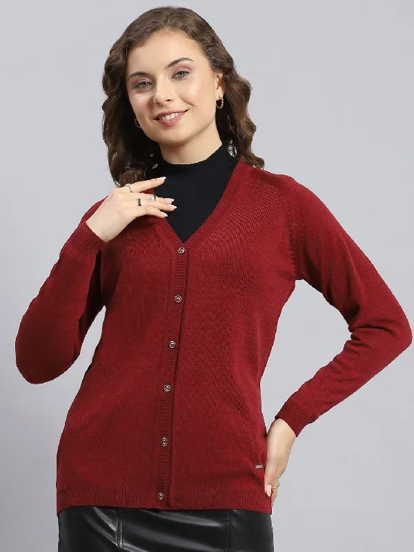 Women Maroon Solid V Neck Full Sleeve Cardigans