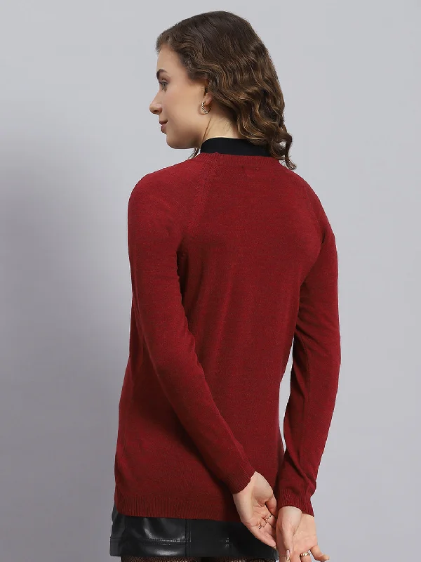 Women Maroon Solid V Neck Full Sleeve Cardigans