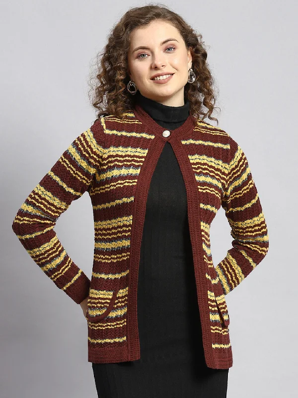 Women Maroon Stripe Cardigan