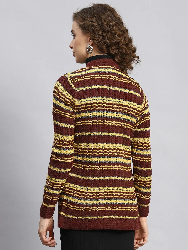 Women Maroon Stripe Cardigan