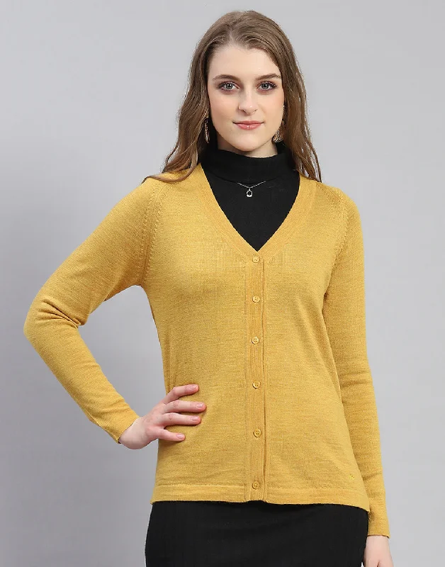 Women Mustard Solid V Neck Full Sleeve Cardigan