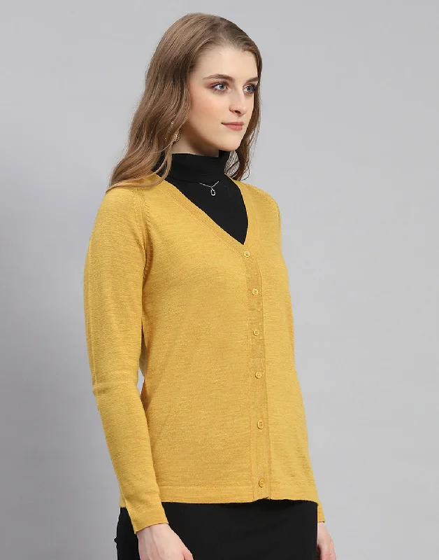 Women Mustard Solid V Neck Full Sleeve Cardigan