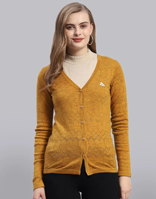 Women Mustard Solid V Neck Full Sleeve Cardigan