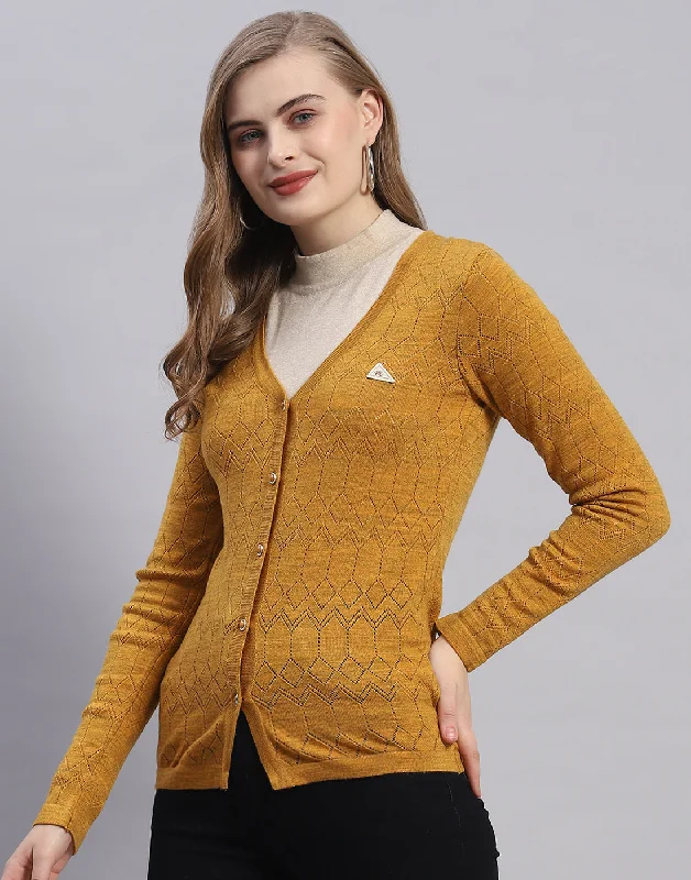 Women Mustard Solid V Neck Full Sleeve Cardigan