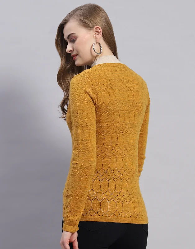 Women Mustard Solid V Neck Full Sleeve Cardigan