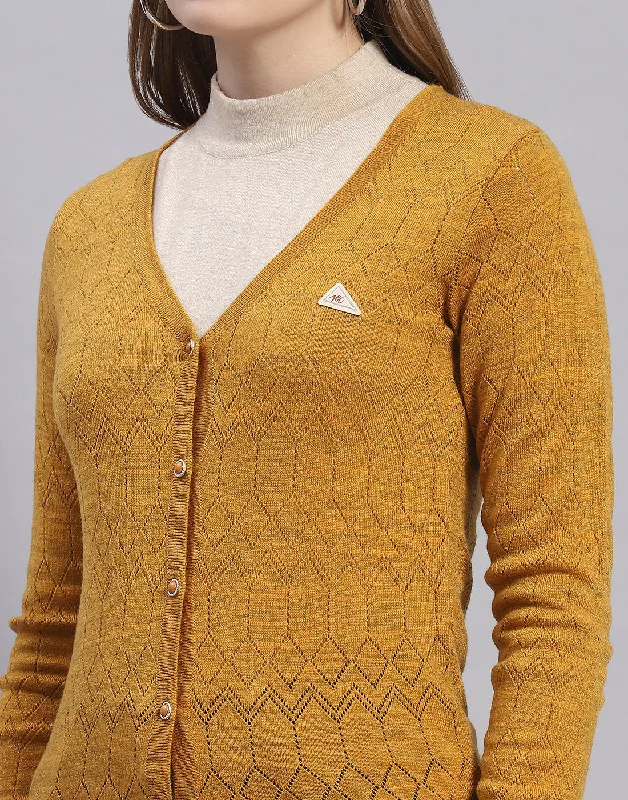 Women Mustard Solid V Neck Full Sleeve Cardigan