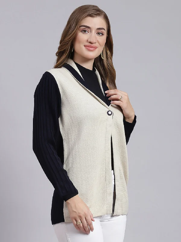 Women Navy Blue & Cream Solid Wool blend Cardigan