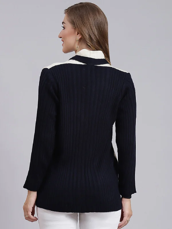 Women Navy Blue & Cream Solid Wool blend Cardigan