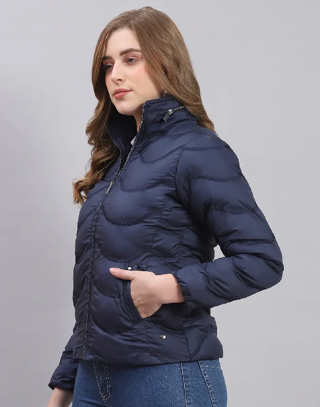 Women Navy Blue Solid Stand Collar Full Sleeve Jacket