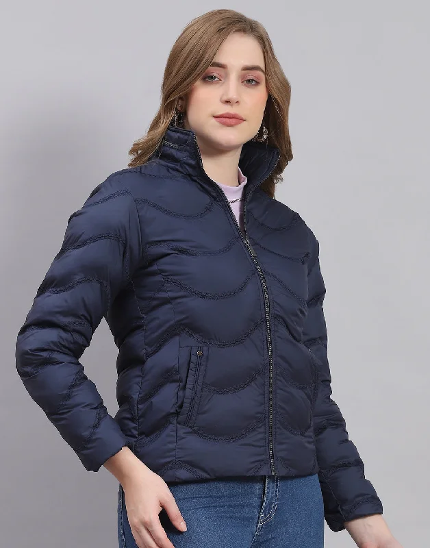 Women Navy Blue Solid Stand Collar Full Sleeve Jacket