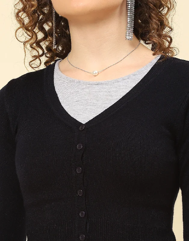 Women Navy Blue Solid V Neck Full Sleeve Blouse