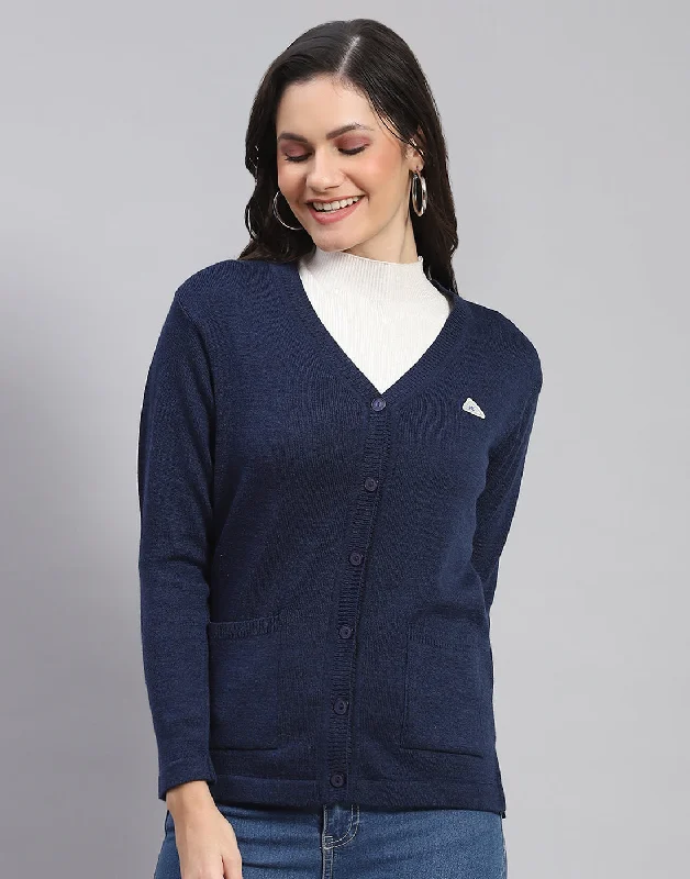 Women Navy Blue Solid V Neck Full Sleeve Cardigan