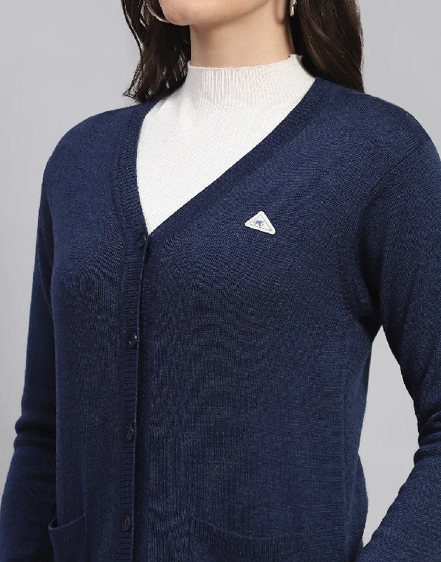 Women Navy Blue Solid V Neck Full Sleeve Cardigan