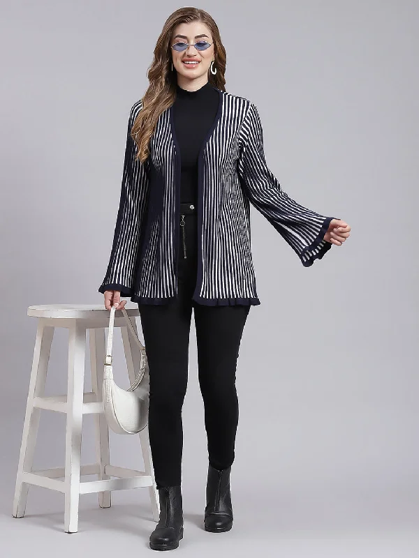 Women Navy Blue Stripe Wool blend Cardigan