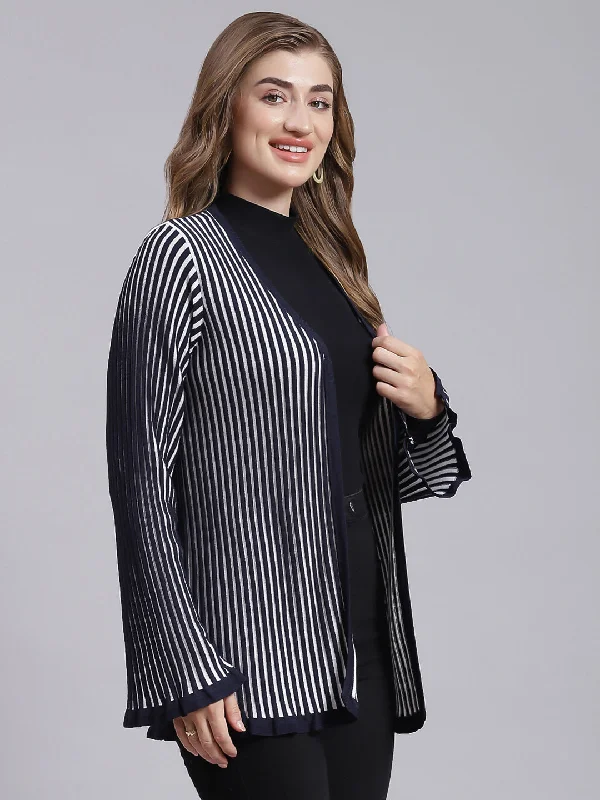 Women Navy Blue Stripe Wool blend Cardigan