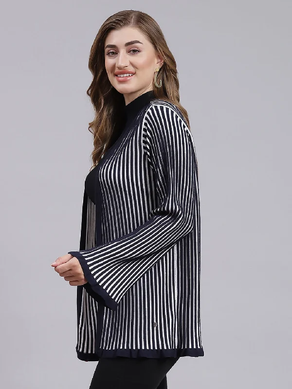 Women Navy Blue Stripe Wool blend Cardigan