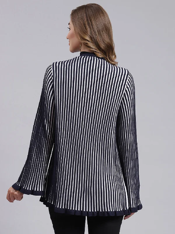 Women Navy Blue Stripe Wool blend Cardigan