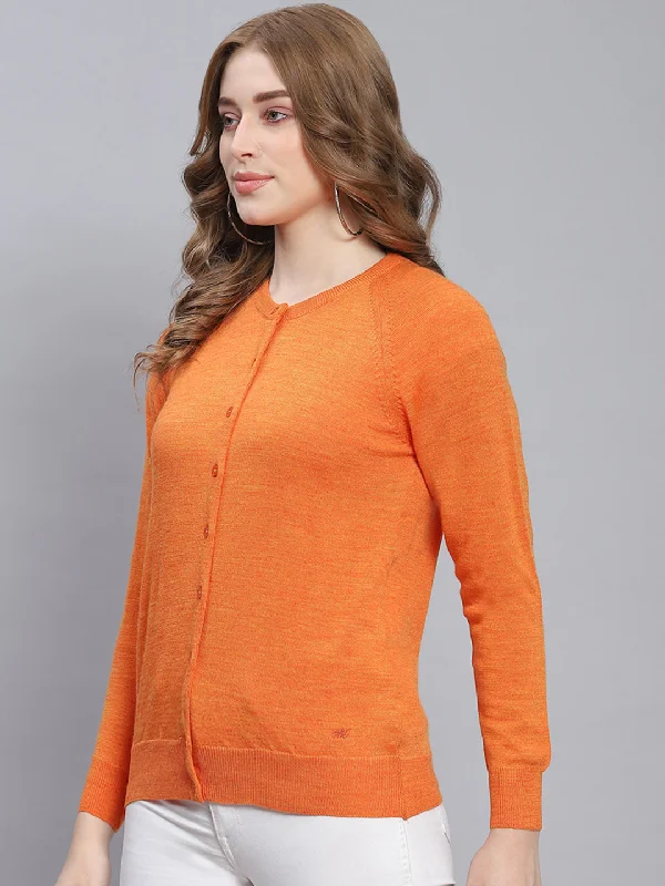 Women Orange Solid Round Neck Full Sleeve Cardigans