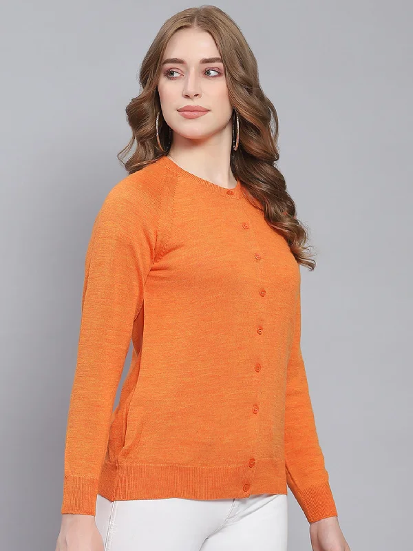 Women Orange Solid Round Neck Full Sleeve Cardigans