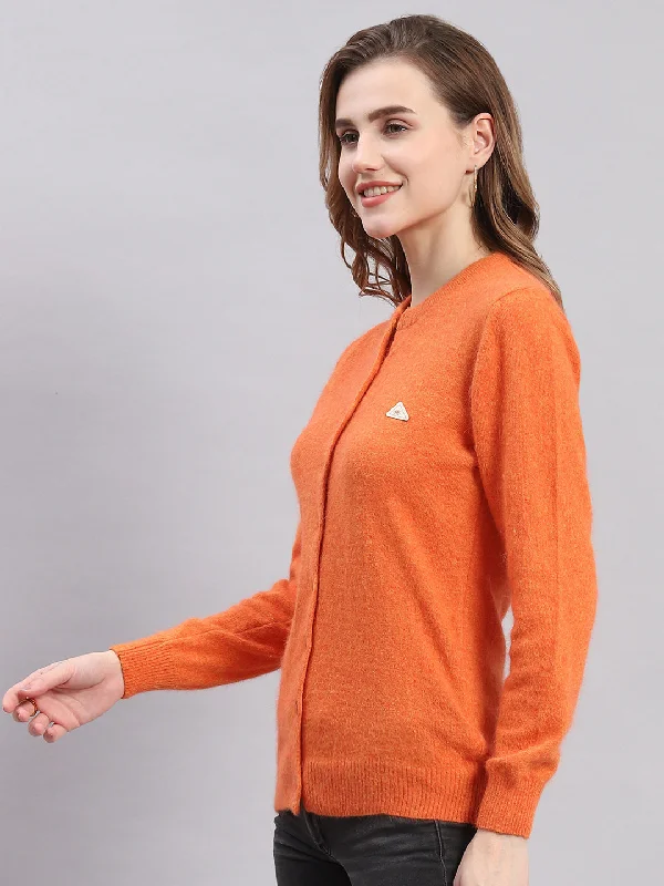 Women Orange Solid Round Neck Full Sleeve Cardigans